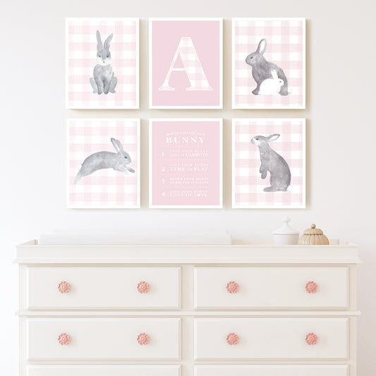 Gingham Pink Bunny Nursery Art/Decor 8"x10" 6 Print Bundle